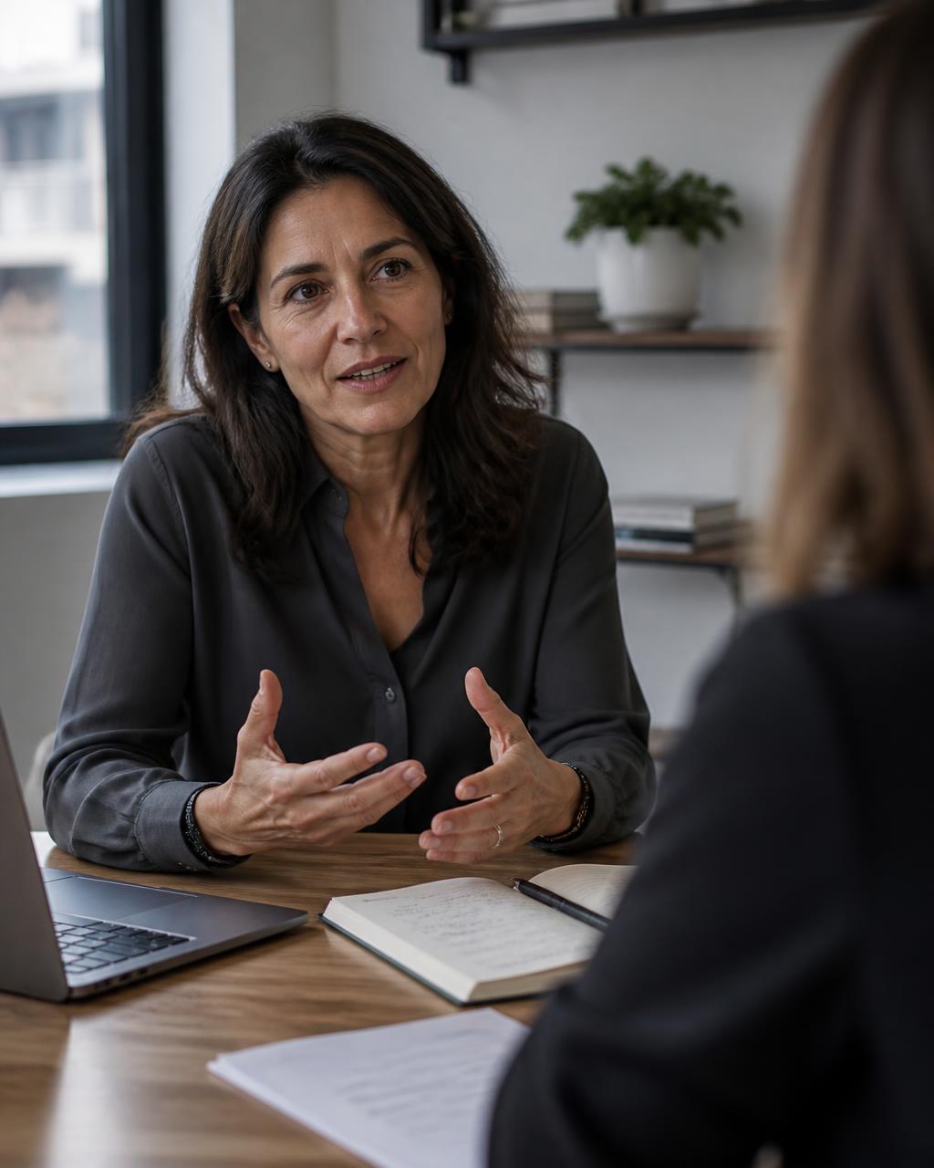 A woman leading a working conversation with a colleague at an office table